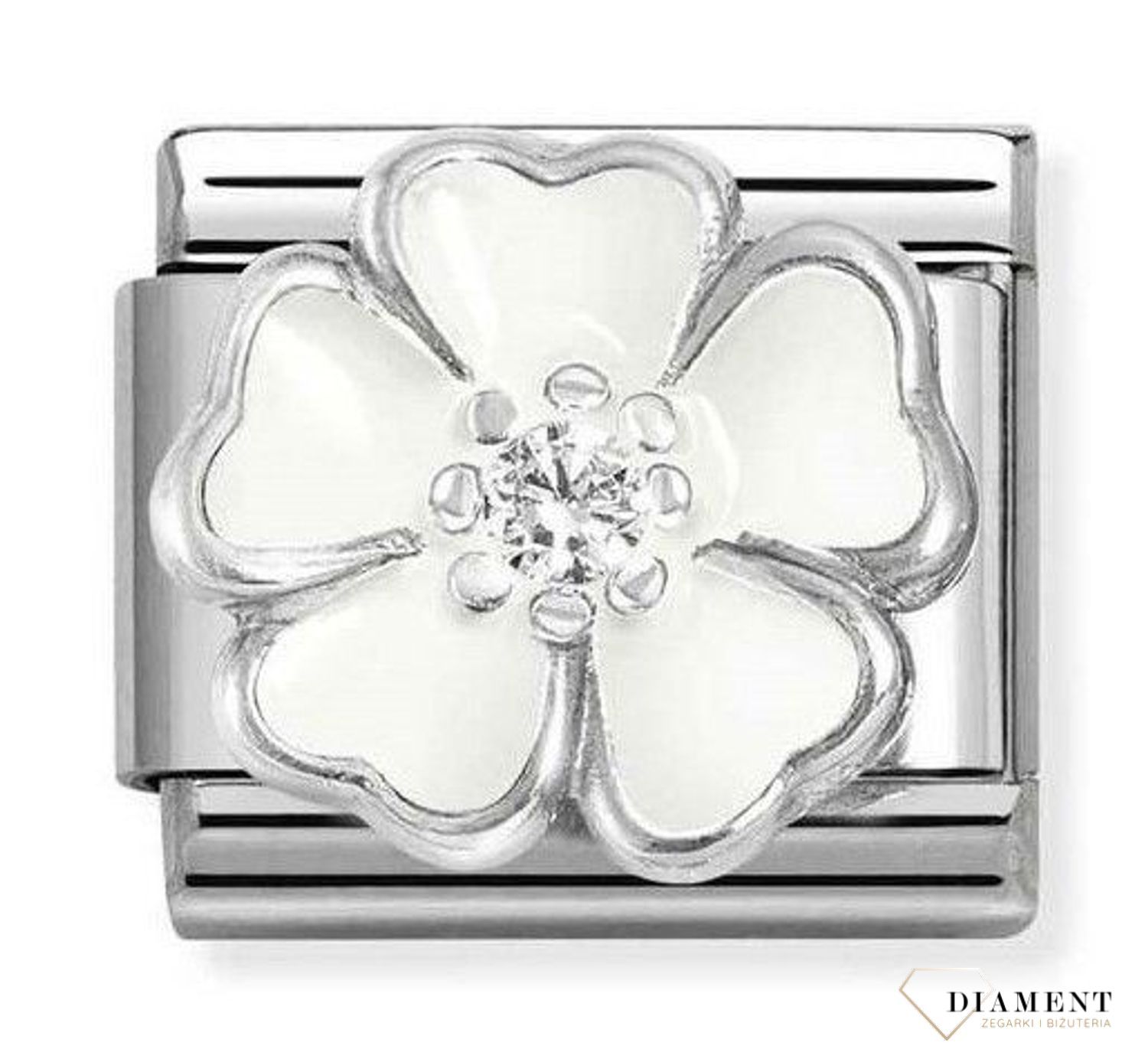 Charms NOMINATION Kwiat z białą emalią i białą cyrkonią 330321 15 to element do bransoletki komponowanej Nomination Italy, wykonany z najwyższej jakości stali szlachetnej oraz srebra pr. 925, zdobiony białym kwiatem i migo.jpg